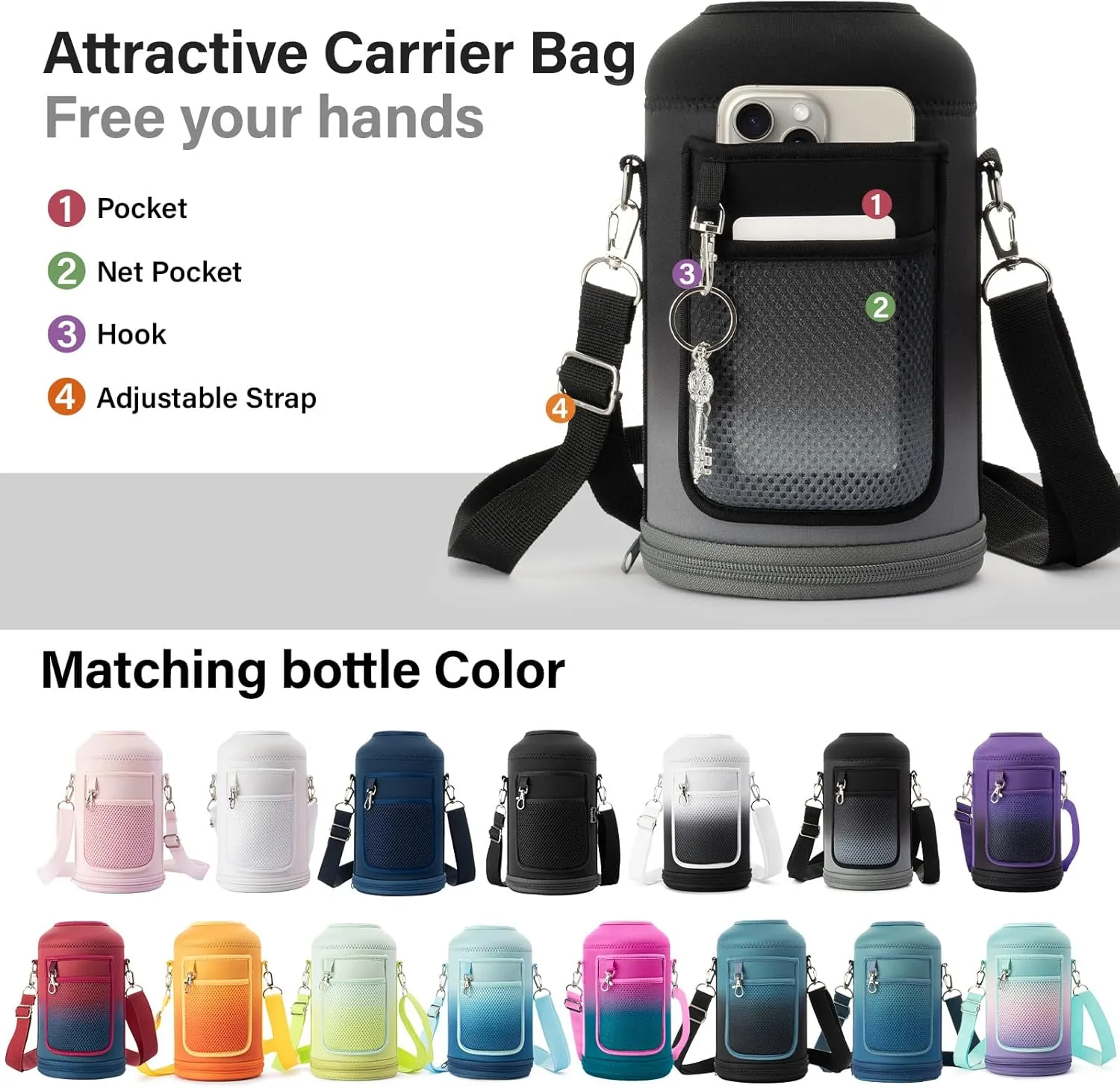 Insulated Water Bottle | Thickened Stainless Steel Vacuum Metal Thermos | Portable Sports Half Gallon Large Water Jug for Gym and Hiking with Straw, Carrier Bag, Handle Strap | BPA-Free 64 oz
