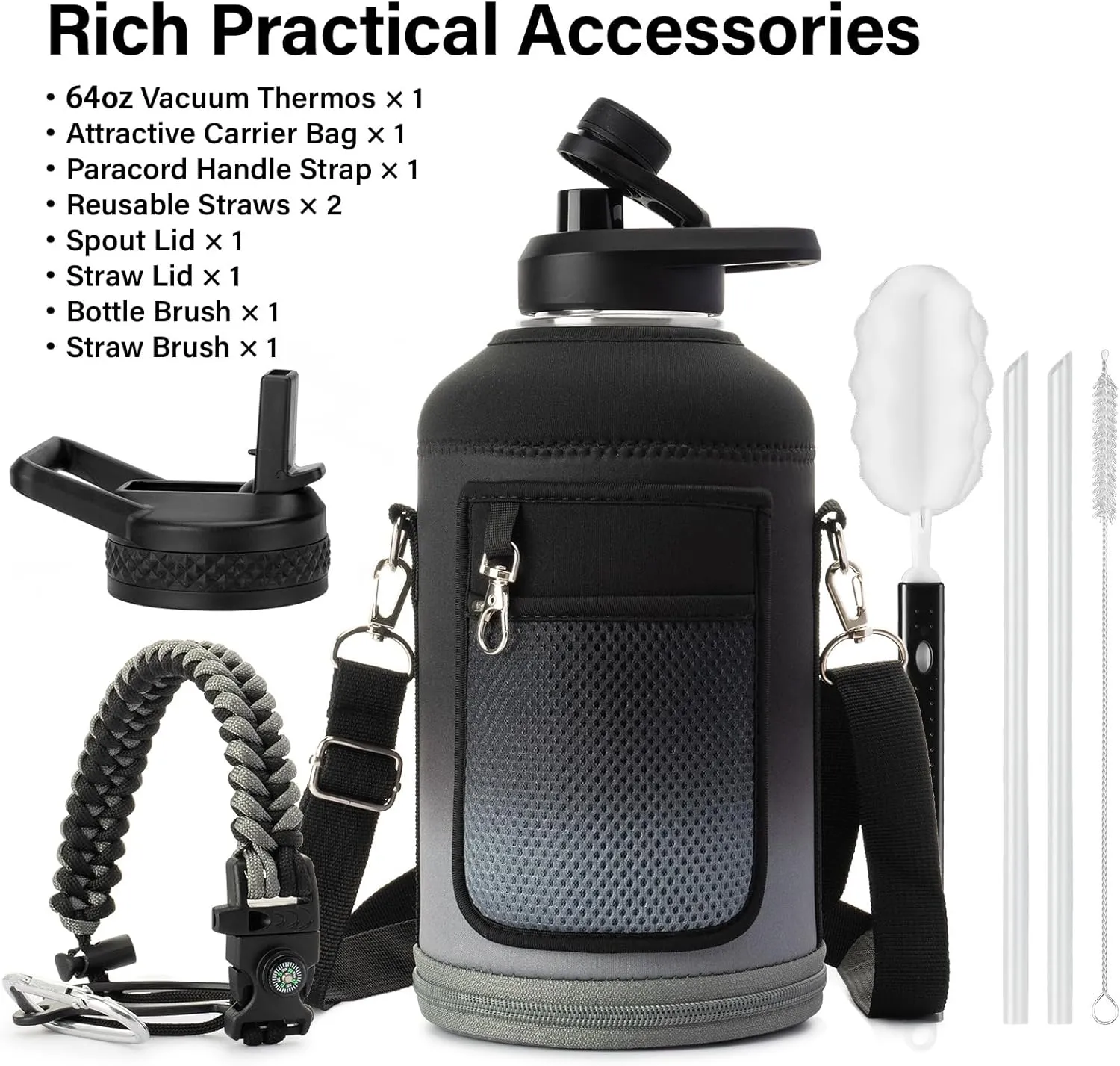 Insulated Water Bottle | Thickened Stainless Steel Vacuum Metal Thermos | Portable Sports Half Gallon Large Water Jug for Gym and Hiking with Straw, Carrier Bag, Handle Strap | BPA-Free 64 oz
