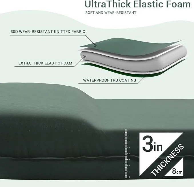 INVOKER Camping Sleeping Pad – 3.1 inch UltraThick Elasticity Foam Fast Self-Inflating Insulated Durable Camping Mat with Pillow for Tent Backpacking Traveling and Hiking Air Mattress