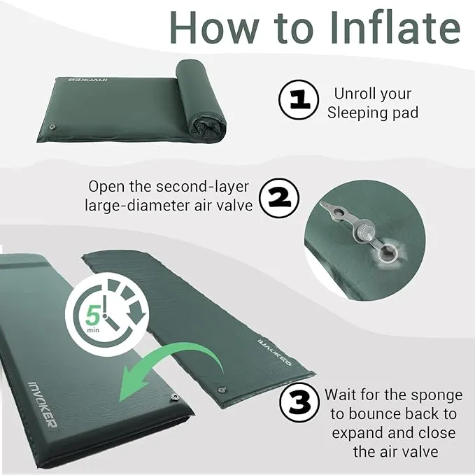 INVOKER Camping Sleeping Pad – 3.1 inch UltraThick Elasticity Foam Fast Self-Inflating Insulated Durable Camping Mat with Pillow for Tent Backpacking Traveling and Hiking Air Mattress