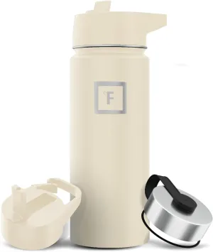 IRON °FLASK Camping & Hiking Hydration Flask with 3 Lids - Stainless Steel, Double Walled & Vacuum Insulated Water Bottle - Leak Proof & BPA Free (Cashmere Cream, Straw - 18 oz)