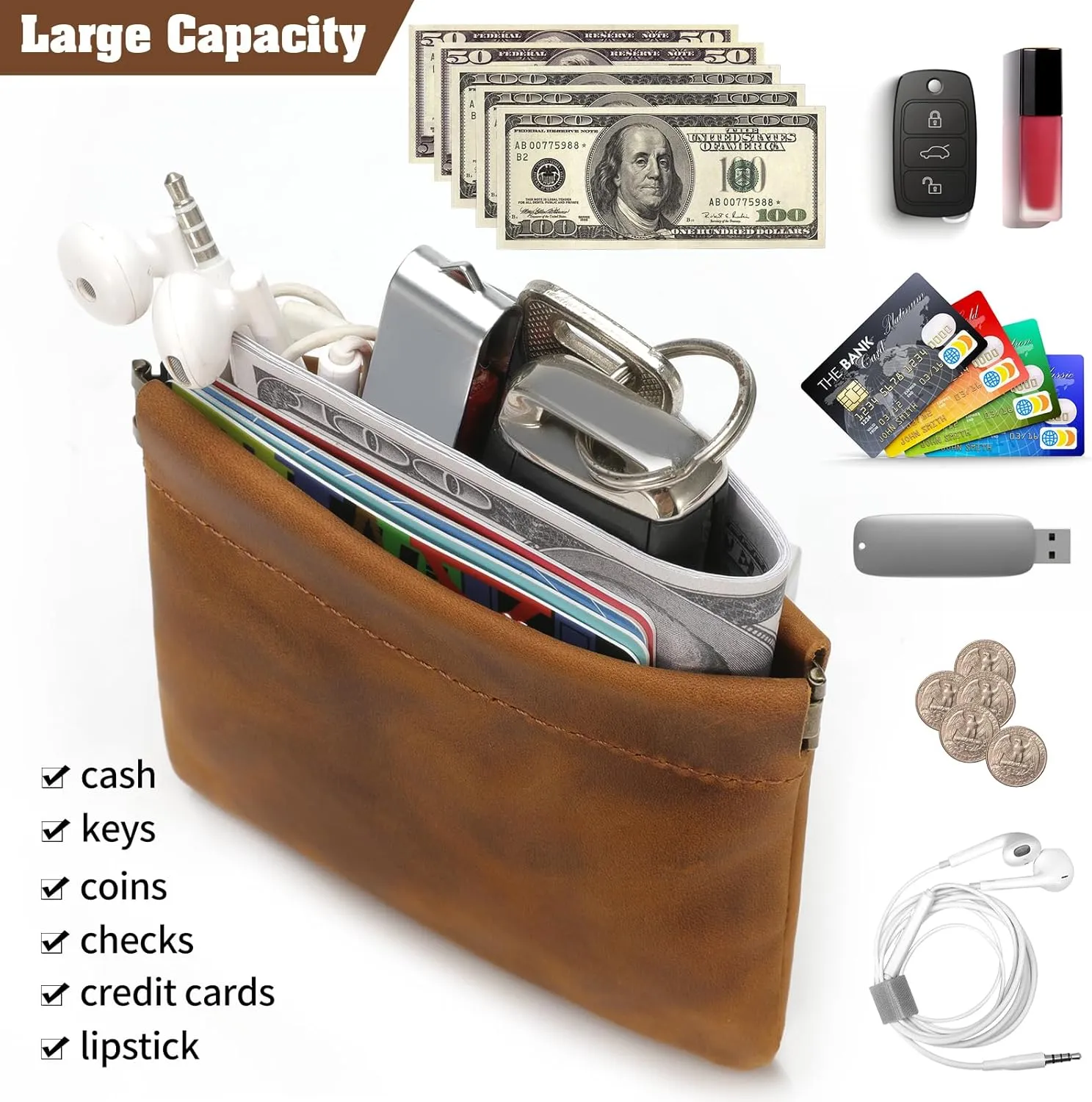 Jack&Chris Mini Coin Purse, Genuine Leather Small Coin Wallet, Leather Squeeze Coin Purse Pouch Change Holder For Men & Women, JC309