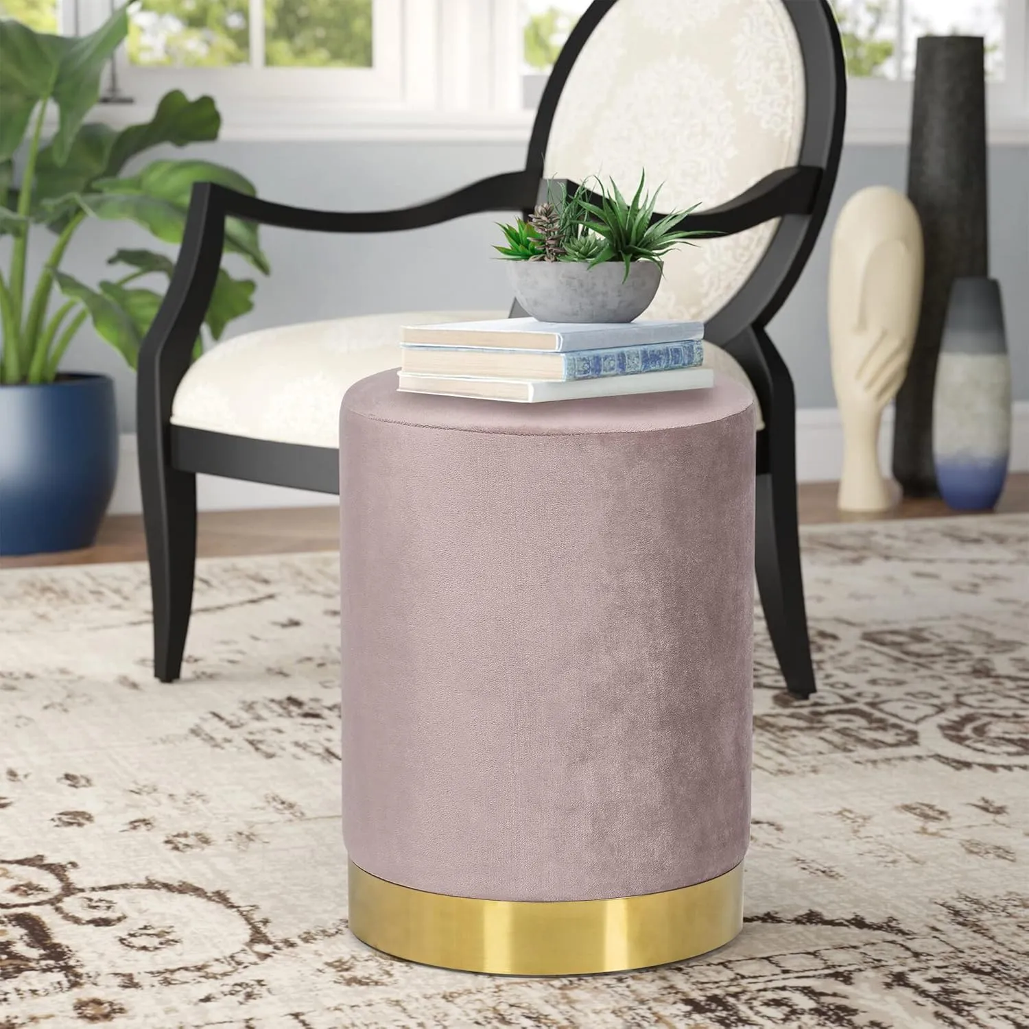Joveco Round Velvet Ottoman, Upholstered Vanity Stool Footrest with Gold Metal Base, Modern Padded Makeup Chair for Bedroom Living Room （Pink）