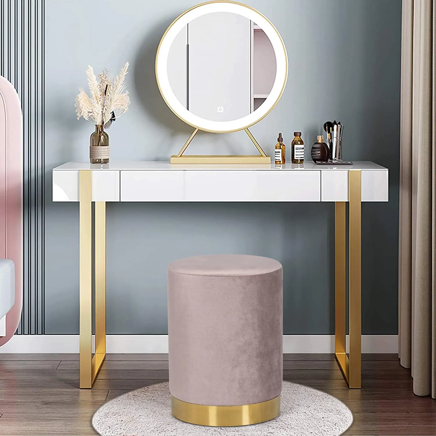 Joveco Round Velvet Ottoman, Upholstered Vanity Stool Footrest with Gold Metal Base, Modern Padded Makeup Chair for Bedroom Living Room （Pink）