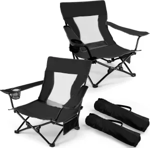 Joyfair Beach Camping Chair (2 Pack), Outdoor Folding Chair for Adults, Heavy Duty Portable Chair for Outside Fishing, Lawn, Sport, Patio, Armrest Cup Holder & Storage Pocket, Carry Bag (Black)