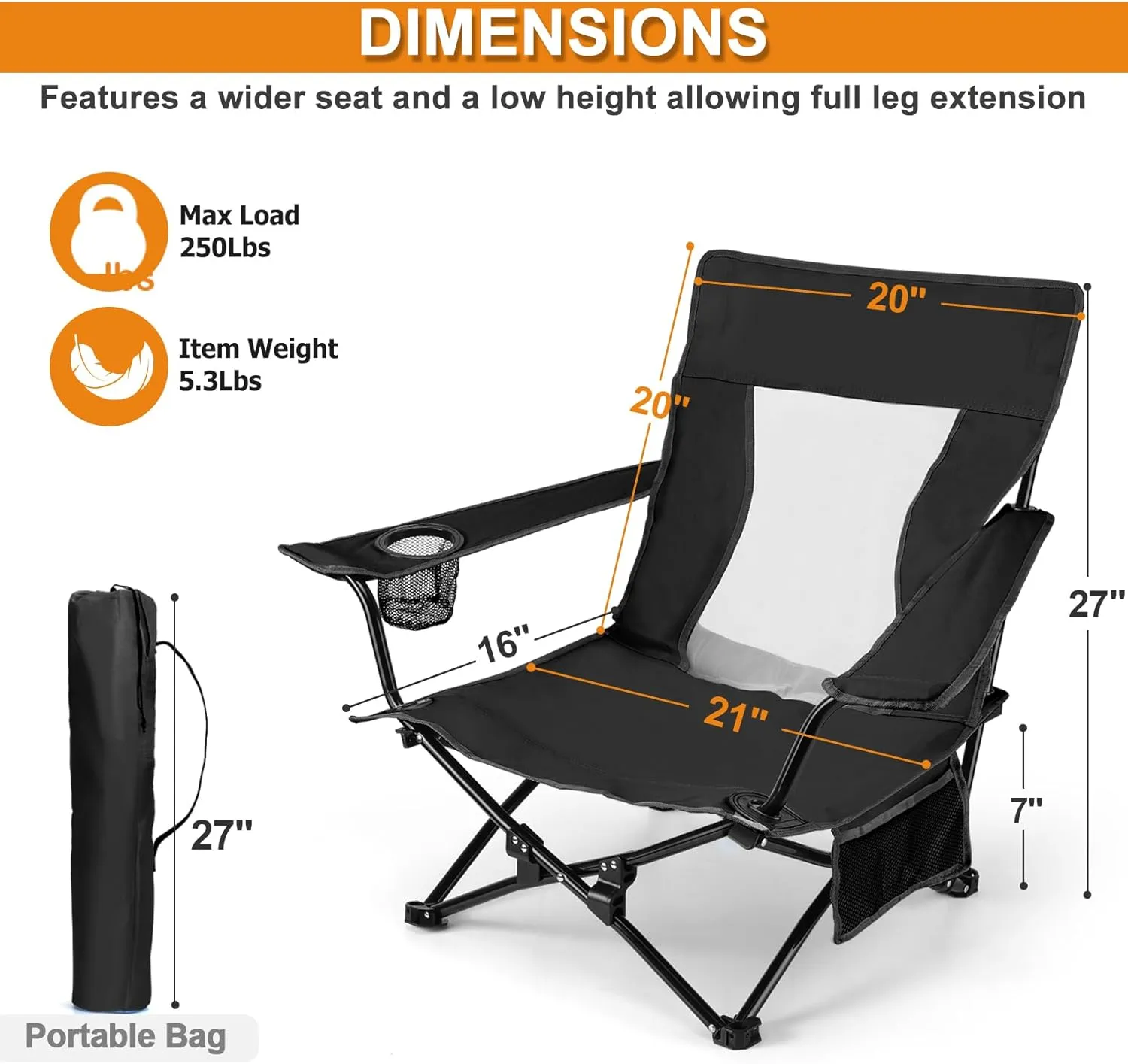 Joyfair Beach Camping Chair (2 Pack), Outdoor Folding Chair for Adults, Heavy Duty Portable Chair for Outside Fishing, Lawn, Sport, Patio, Armrest Cup Holder & Storage Pocket, Carry Bag (Black)