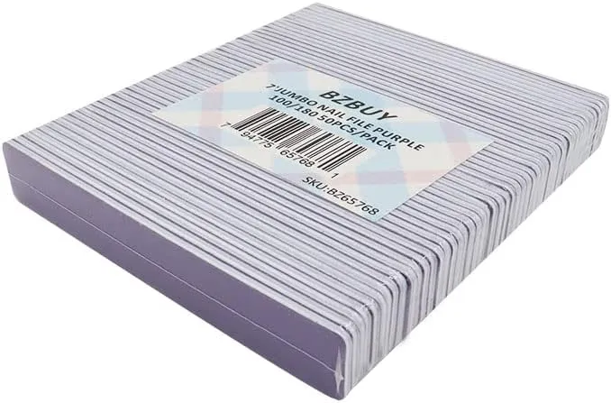 Jumbo Nail File 50 PCS Professional Double Sided 100/180 Grit Nail Files Emery Board Purple Manicure Pedicure Tool and Nail Buffering Files