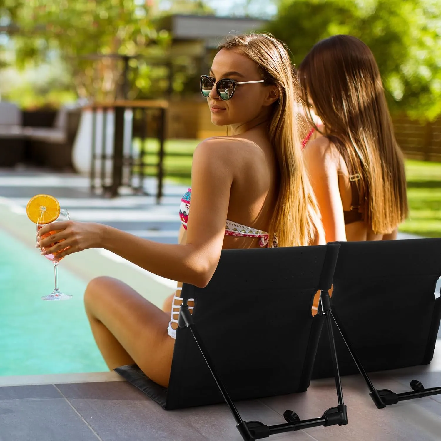 Karenhi 2 Pcs Foldable Pool Chairs Portable Poolside Seat for Edge of Pool Portable Flip Chairs ​for Beach Poolside Camping Picnic Lawn Accessories (Black)