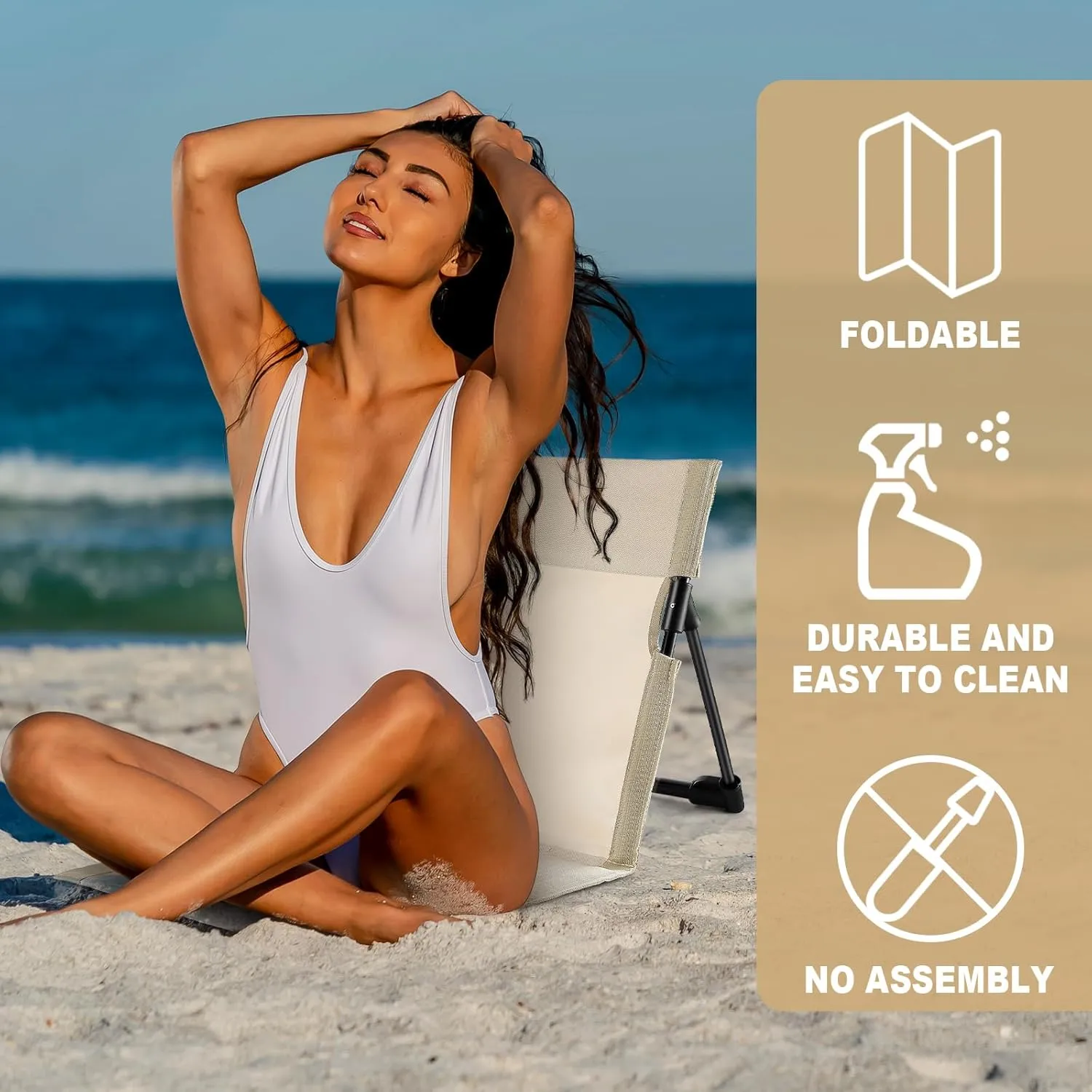 Karenhi 2 Pcs Foldable Pool Chairs Portable Poolside Seat for Edge of Pool Portable Flip Chairs ​for Beach Poolside Camping Picnic Lawn Accessories (Light Beige)