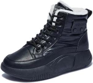 KCTRFSJ Women's Leather Lace Up High-Top Platform Waterproof Snow Ankle Boots,Fashion Round Toe Warm Fur Lined Winter Increase Height Booties Non-slip Outdoor Walking Sneakers