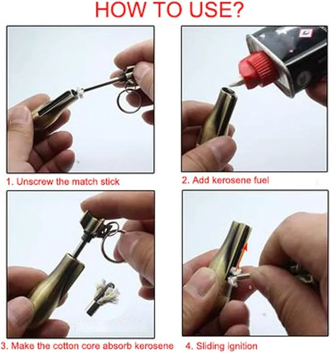 Keychain Matchstick Fire Starter, Permanent Match Flint Metal Keychain Lighter, Great Kerosene Refillable Keychain Lighter for Outdoor Camping