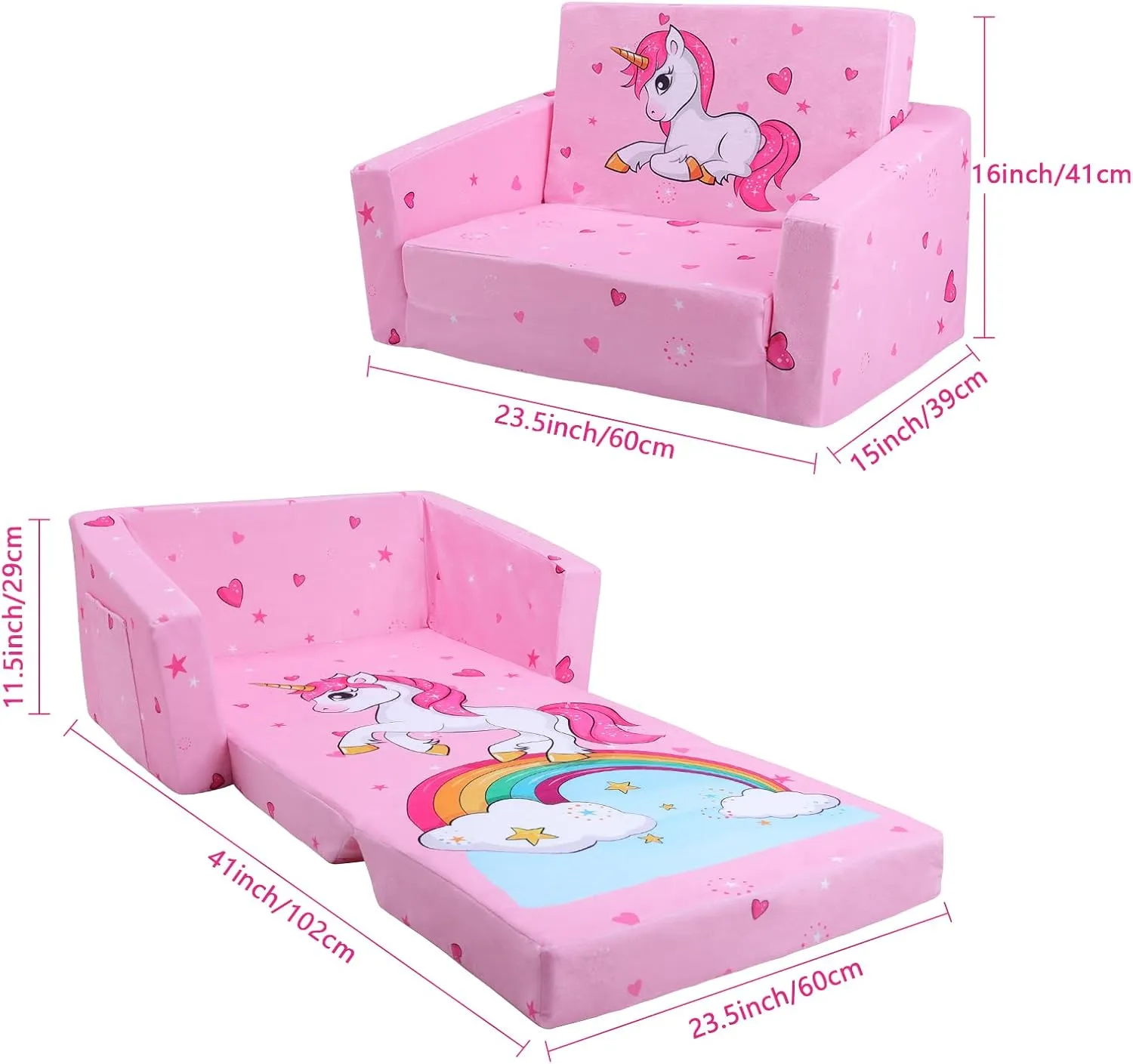 Kids Couch Foldable Kids Sofa 2 in 1 Children Convertible Sofas to Lounger Fold Out Toddlers Sofa Bed for Playroom Bedroom Living Rooms Boys and Girls