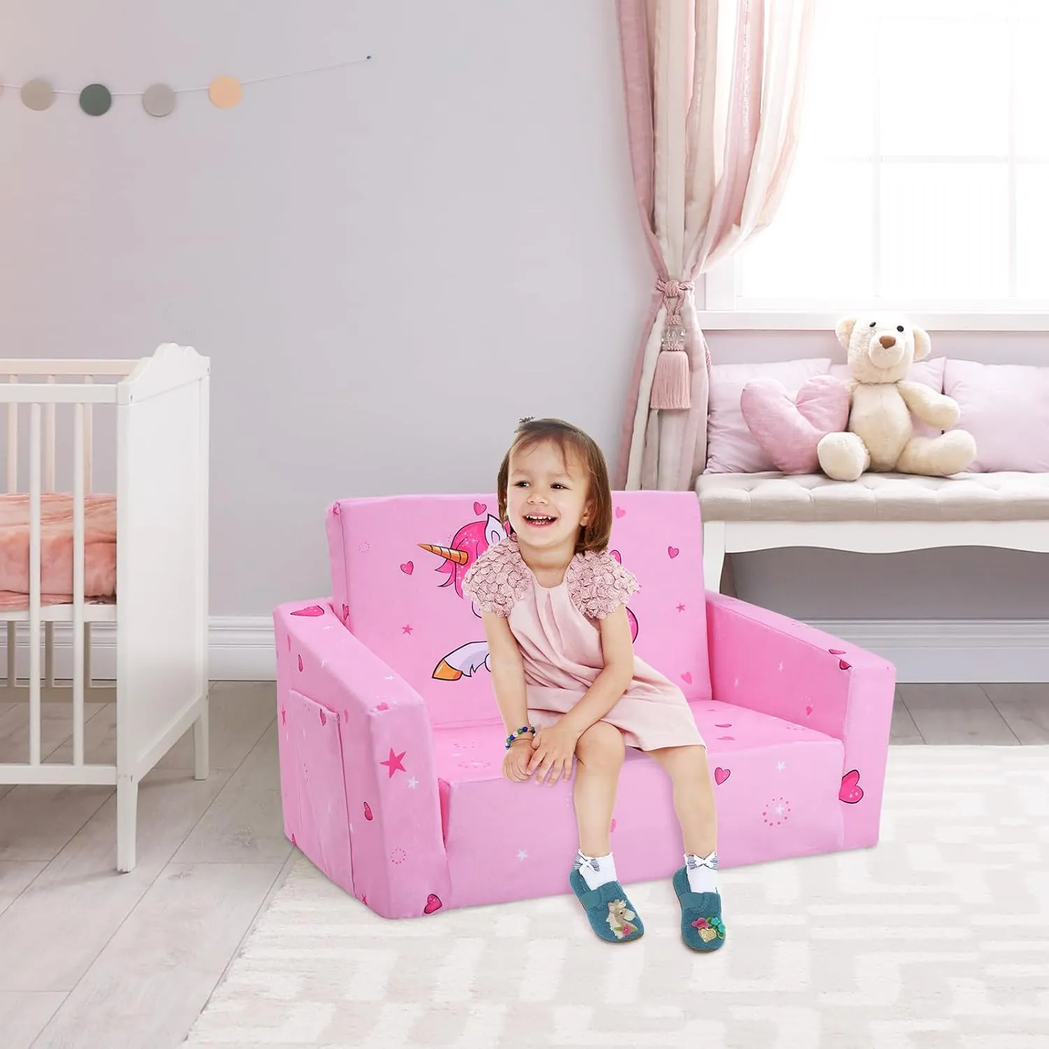 Kids Couch Foldable Kids Sofa 2 in 1 Children Convertible Sofas to Lounger Fold Out Toddlers Sofa Bed for Playroom Bedroom Living Rooms Boys and Girls