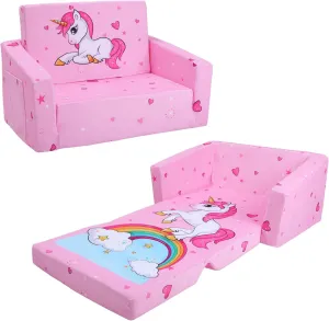 Kids Couch Foldable Kids Sofa 2 in 1 Children Convertible Sofas to Lounger Fold Out Toddlers Sofa Bed for Playroom Bedroom Living Rooms Boys and Girls