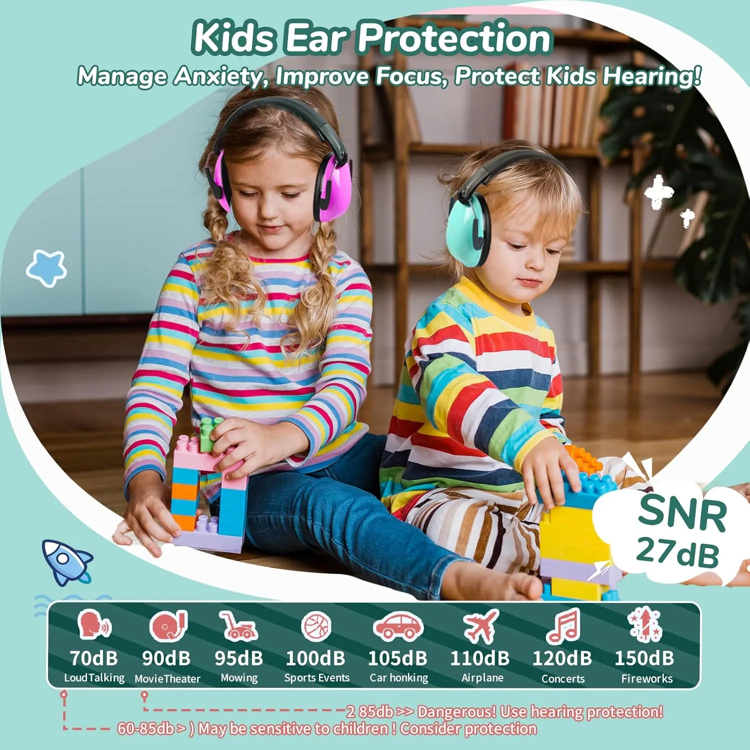 Kids Ear Protection Earmuffs Safety Hearing Protection Headphones Noise Reduction for Autism Sensory Kids Chirldren (Mint & Pink & Orange)