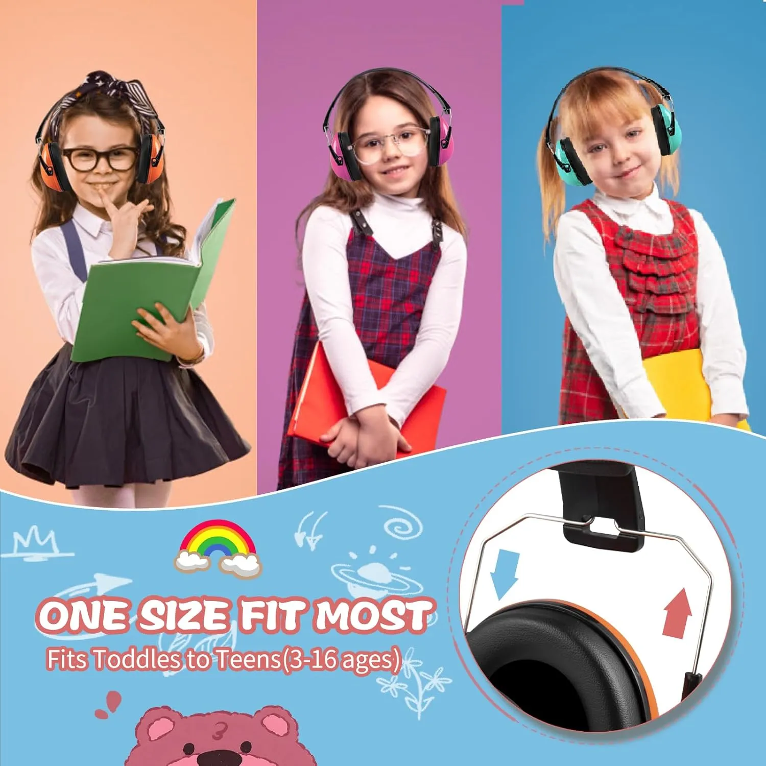 Kids Ear Protection Earmuffs Safety Hearing Protection Headphones Noise Reduction for Autism Sensory Kids Chirldren (Mint & Pink & Orange)