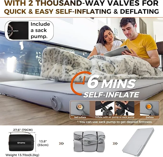 KingCamp Extra 5.9 INCH Thick Double Self Inflating Camping Mattress with 11 R-Value, Sleeping Pad Enlarge Foam Camping Pad, 4 Season Insulated Camping Mat for Tent, Car, Gray