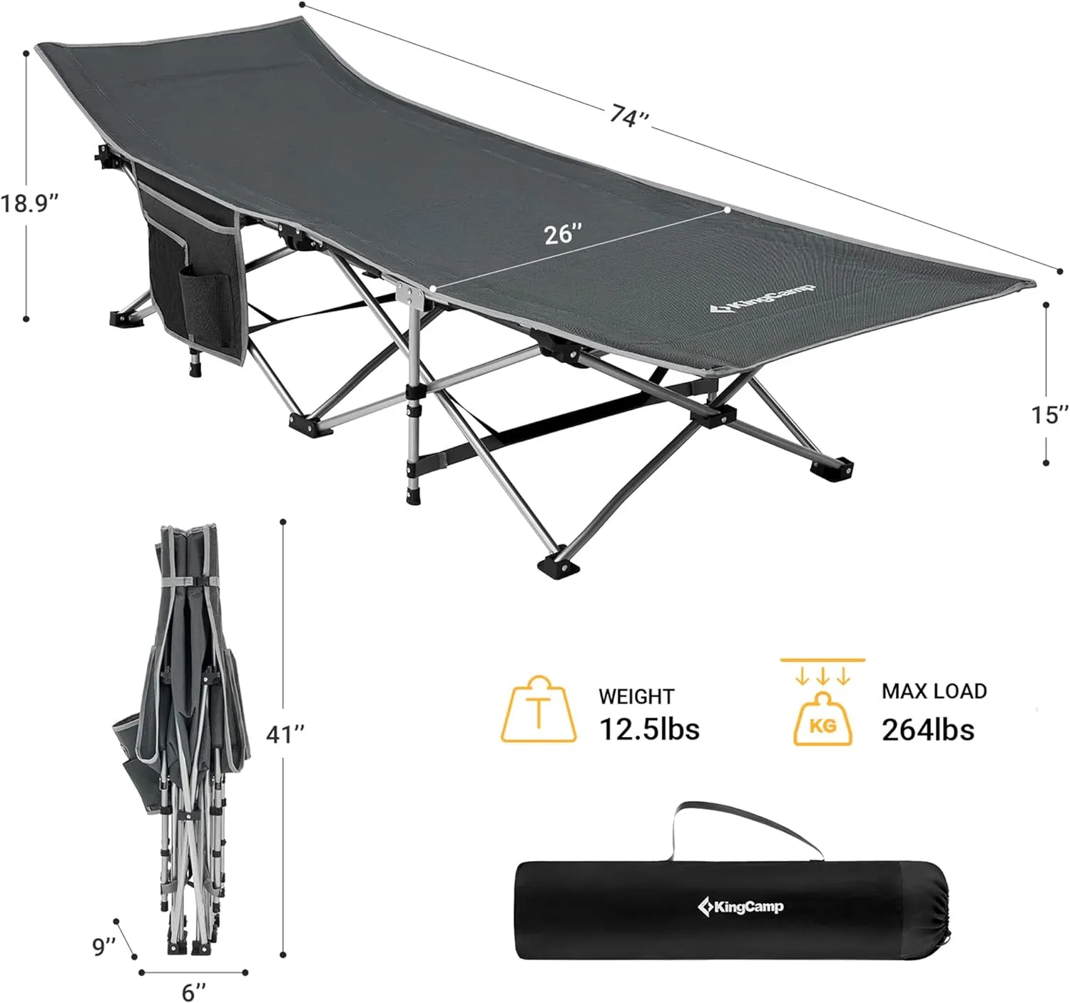 KingCamp Folding Camping Cot for Adults,Portable Sturdy Sleeping Cot with Carry Bag Outdoor Lightweight Camping Bed Support 264 lbs,Large Outdoor Foldable Travel Cots for Camping Beach Home Nap