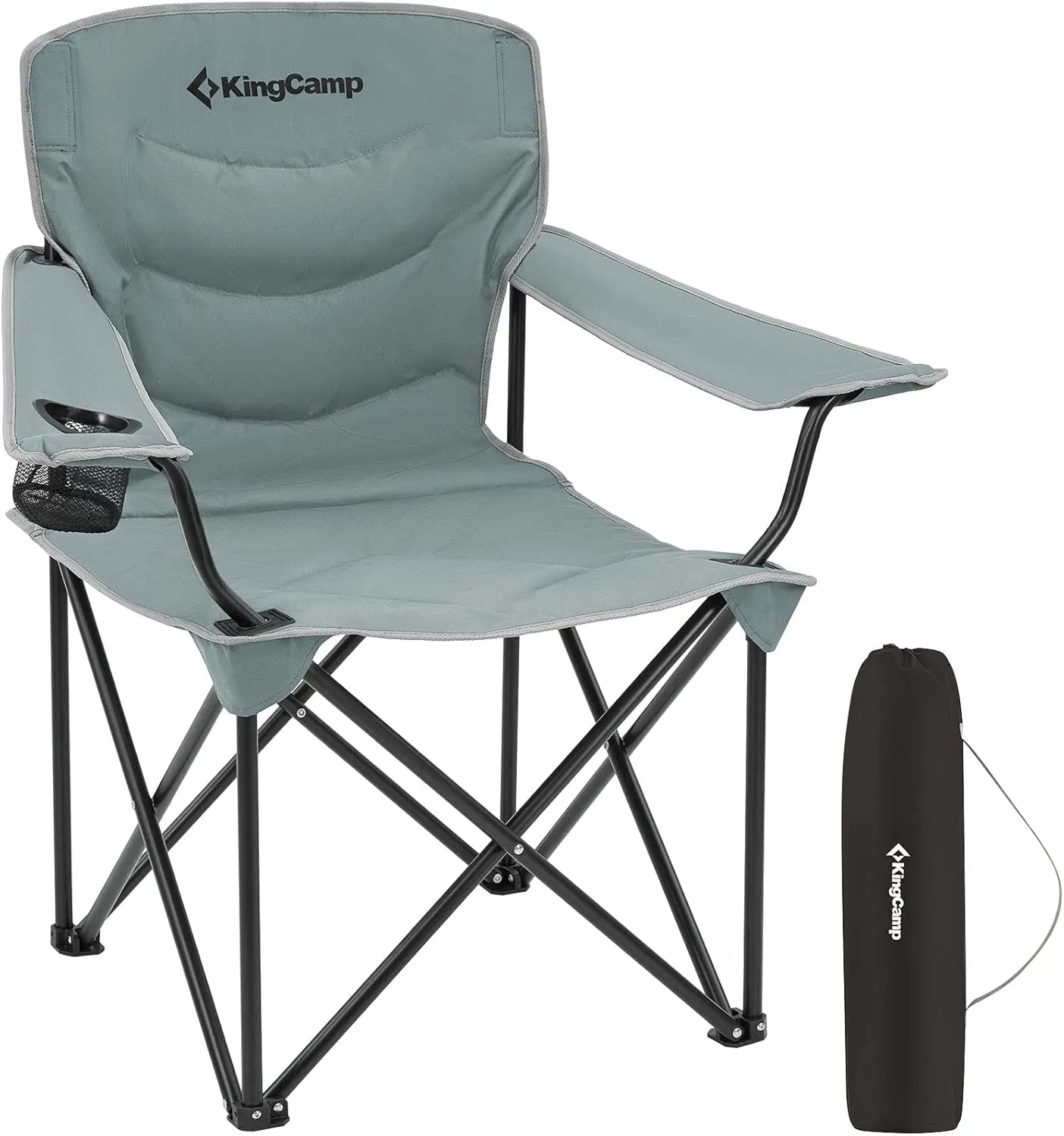 KingCamp Folding Camping Oversized Portable Padded Quad Chairs with Cup Holder and Carry Bag Heavy Duty Supports 300lbs for Outdoor, Fishing, Picnic, Sports, 37.4" x 22.8" x 38.9", Grey