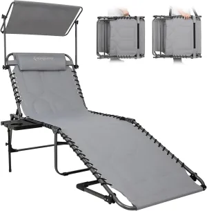 KingCamp Oversized Lounge Chair, Folding Portable Adjustable 5-Position Tanning Chairs 400lbs Heavy Duty Padded Recliner with Canopy Shade Side Desk for Outdoor Patio Beach Sun Bathing Pool