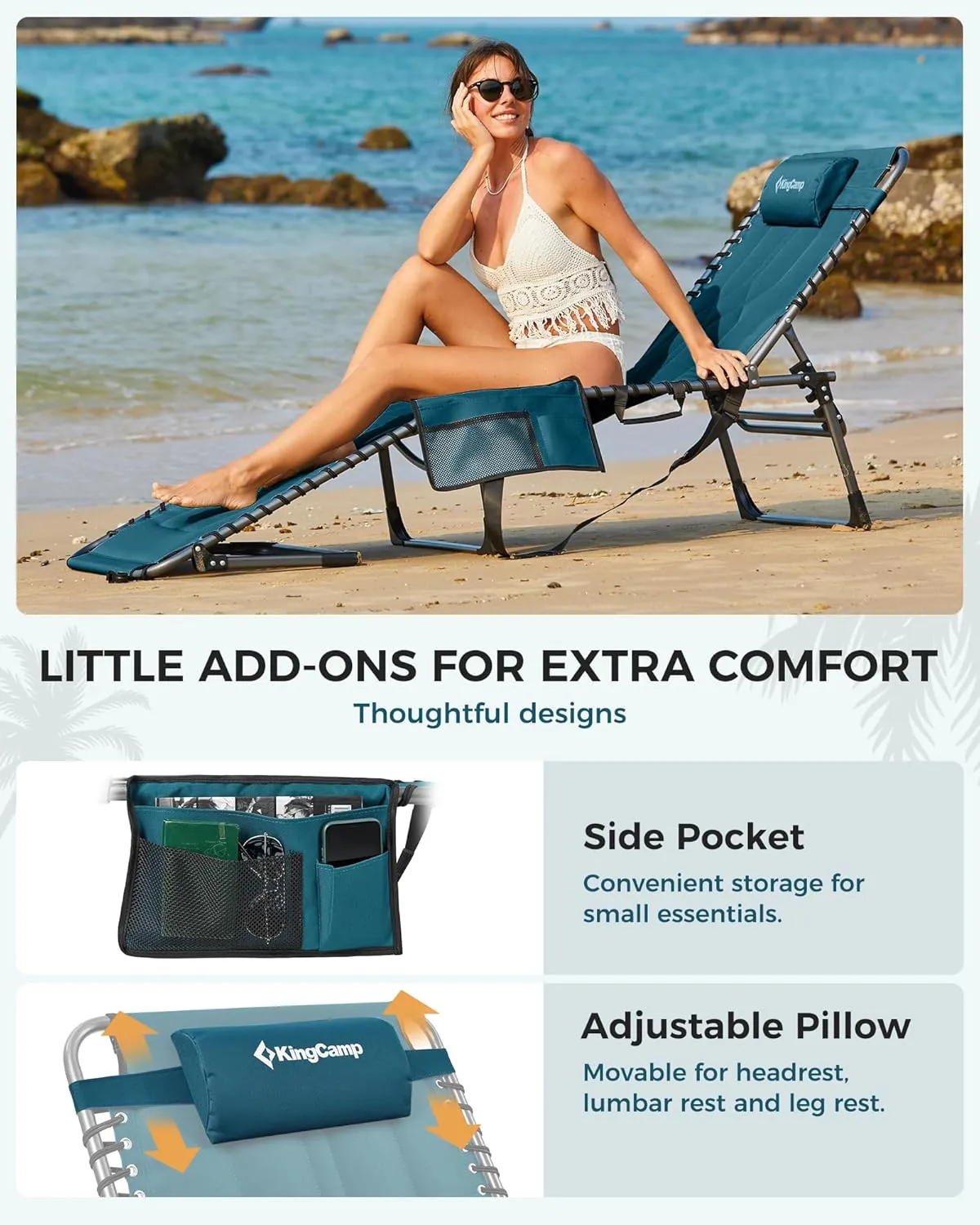 KingCamp Oversized Lounge Chair, Folding Portable Adjustable 5-Position Tanning Chairs 400lbs Heavy Duty Padded Recliner with Side Pocket Pillow for Outdoor Patio Beach Sun Bathing Pool