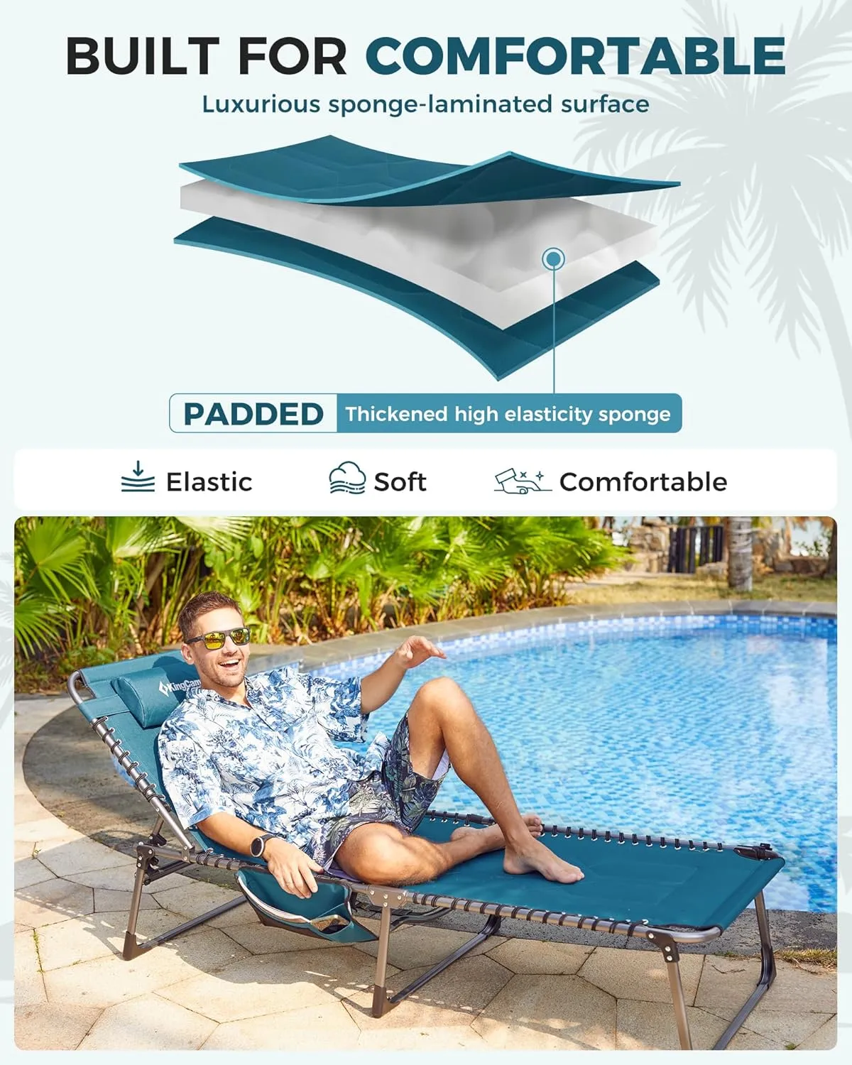 KingCamp Oversized Lounge Chair, Folding Portable Adjustable 5-Position Tanning Chairs 400lbs Heavy Duty Padded Recliner with Side Pocket Pillow for Outdoor Patio Beach Sun Bathing Pool