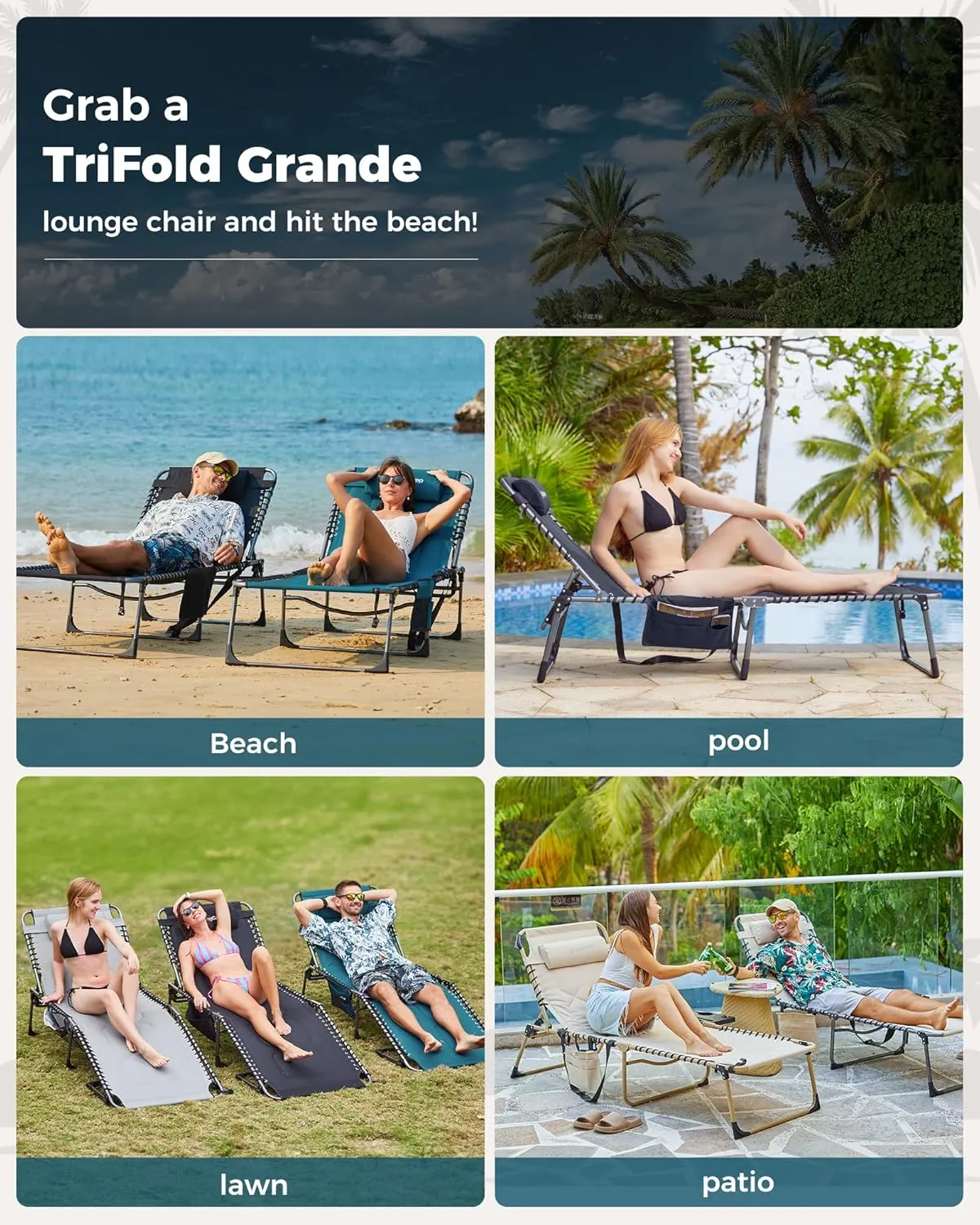 KingCamp Oversized Lounge Chair, Folding Portable Adjustable 5-Position Tanning Chairs 400lbs Heavy Duty Padded Recliner with Side Pocket Pillow for Outdoor Patio Beach Sun Bathing Pool