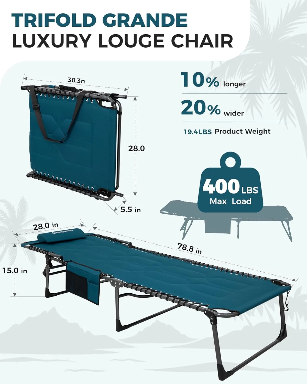 KingCamp Oversized Lounge Chair, Folding Portable Adjustable 5-Position Tanning Chairs 400lbs Heavy Duty Padded Recliner with Side Pocket Pillow for Outdoor Patio Beach Sun Bathing Pool