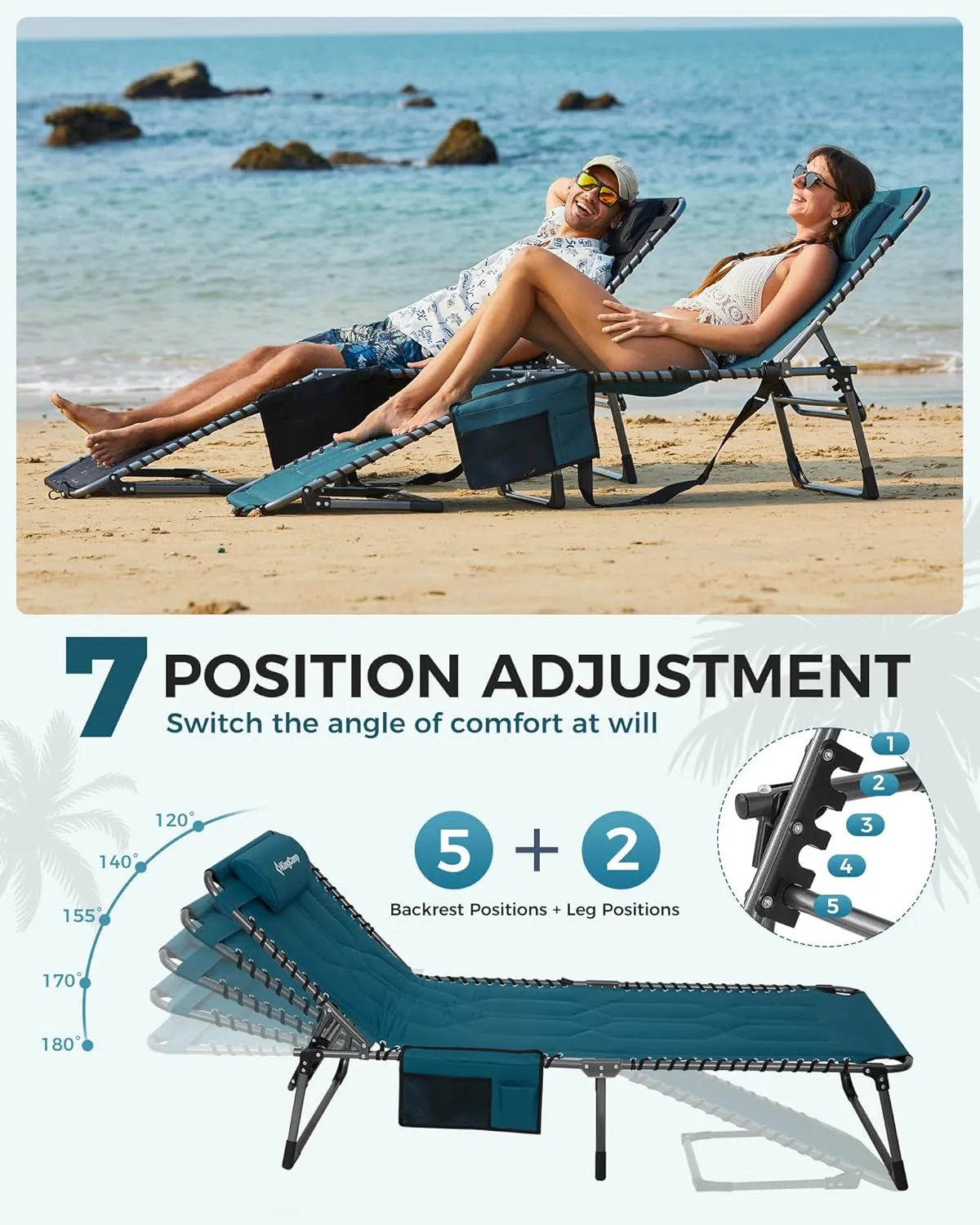 KingCamp Oversized Lounge Chair, Folding Portable Adjustable 5-Position Tanning Chairs 400lbs Heavy Duty Padded Recliner with Side Pocket Pillow for Outdoor Patio Beach Sun Bathing Pool