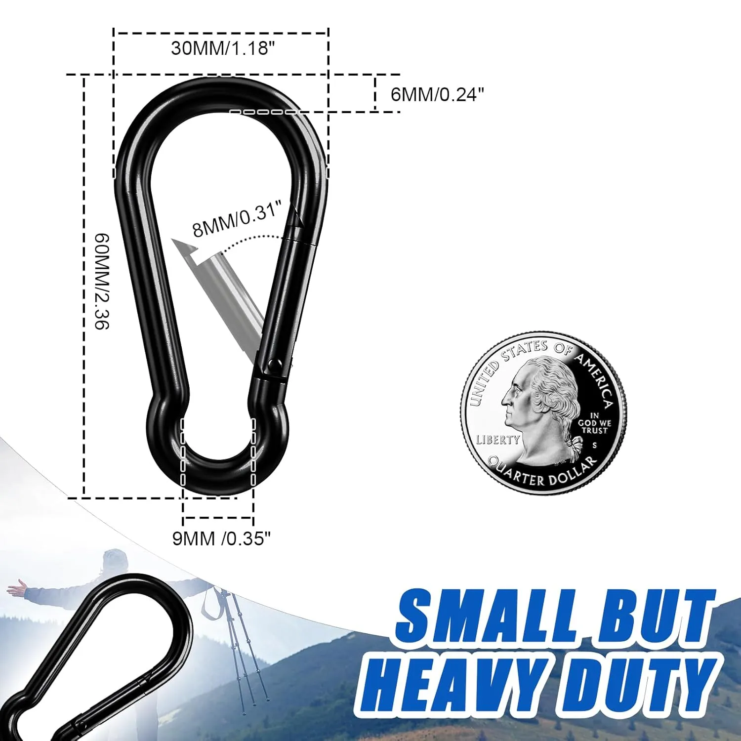 KINLINK 25 Pack Black Carabiner Clip, 2.36 inch Heavy Duty Spring Snap Hook, Small Caribeener Clips for Outdoor Camping, Swing Set, Hammock, Hiking Travel, Fishing, Quick Link Keychain