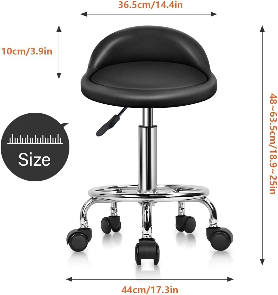 KKTONER PU Leather Round Rolling Stool with Foot Rest Height Adjustable Swivel Drafting Work SPA Task Chair with Wheels (Black)