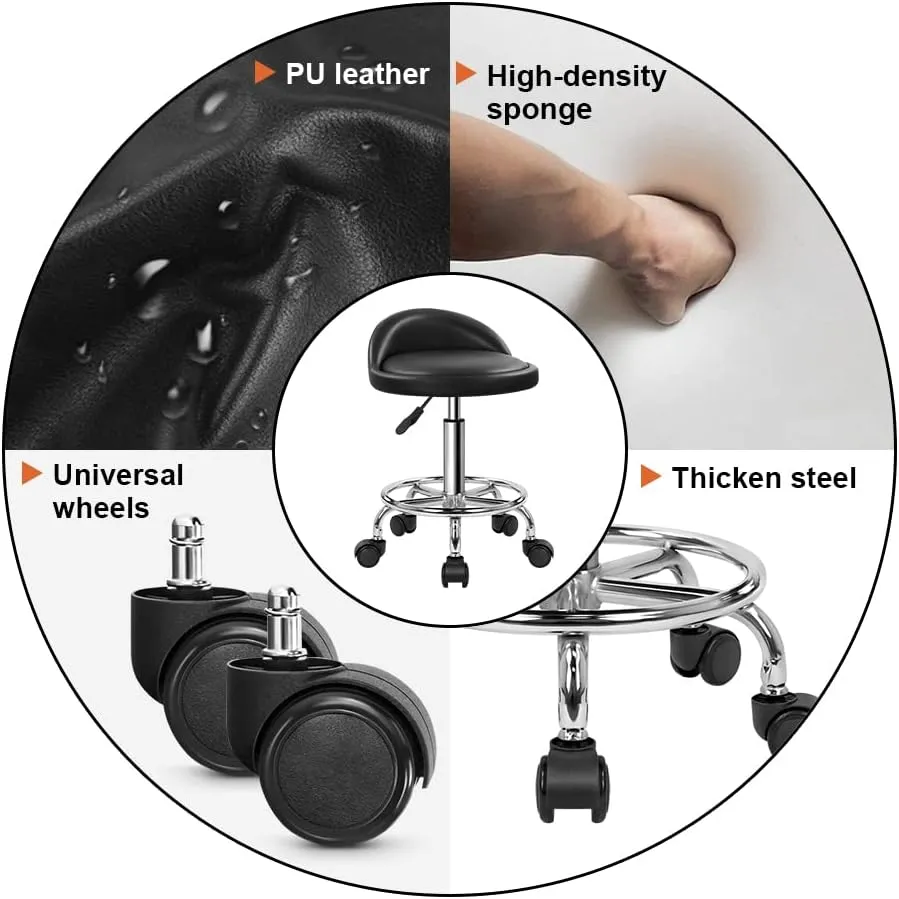 KKTONER PU Leather Round Rolling Stool with Foot Rest Height Adjustable Swivel Drafting Work SPA Task Chair with Wheels (Black)