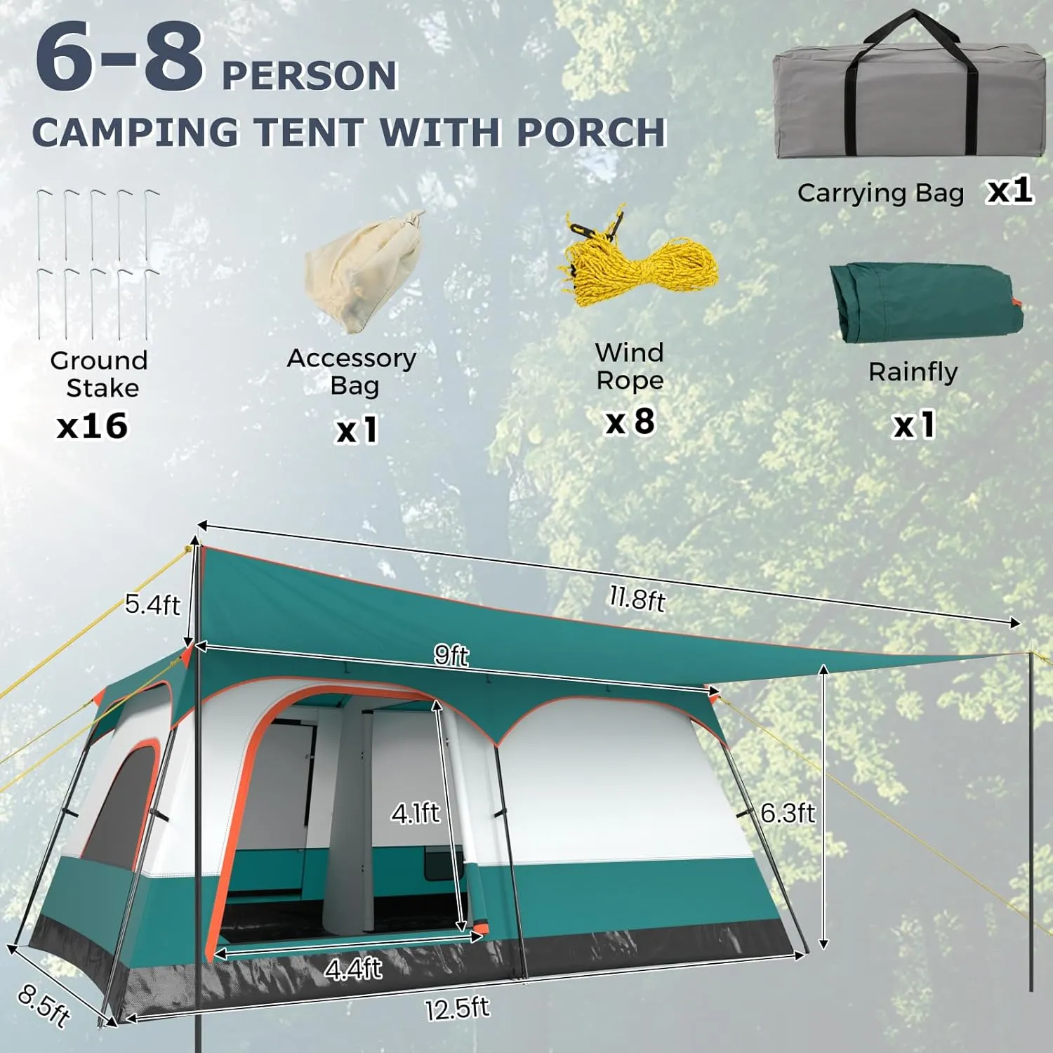 KOTEK 6-8 Person Tents for Camping, Family Tent with 2 Rooms, 2 Doors, 2 Mesh Windows, Porch & Removable Rainfly, Large Camping Tent for Outdoor Picnic, Hiking, Gathering