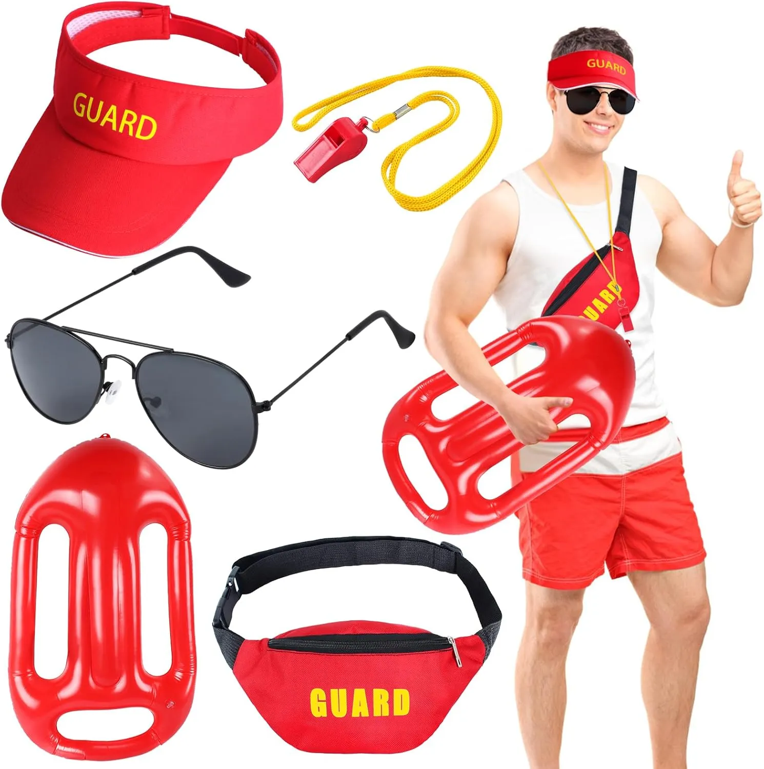 Kyson 5 Pieces Halloween Guard Costume Accessories Set-Red Guard Sun Visor,Fanny Pack,Red Sunglasses,Inflatable Float,Whistle