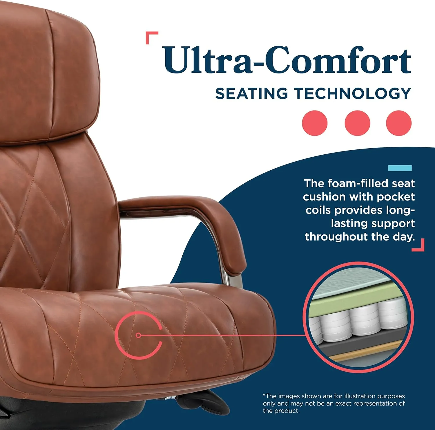 La-Z-Boy® Symphony Executive Mid-Back Office Chair, Diamond Quilt Design, Pocket Coil Cushion, Padded Armrests, Ergonomic Computer DeskChair, Swivel Metal Base, Bonded Leather, Cognac and Graphite