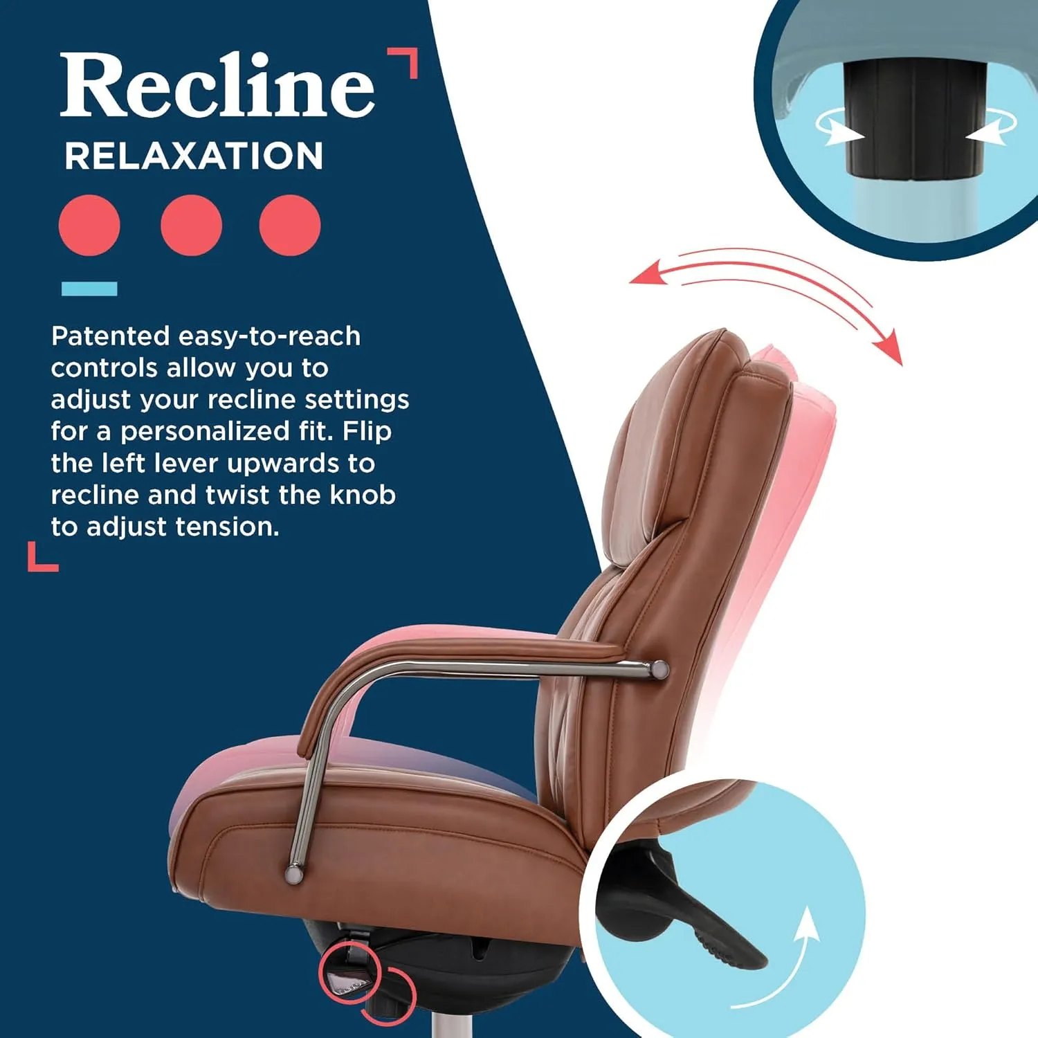 La-Z-Boy® Symphony Executive Mid-Back Office Chair, Diamond Quilt Design, Pocket Coil Cushion, Padded Armrests, Ergonomic Computer DeskChair, Swivel Metal Base, Bonded Leather, Cognac and Graphite