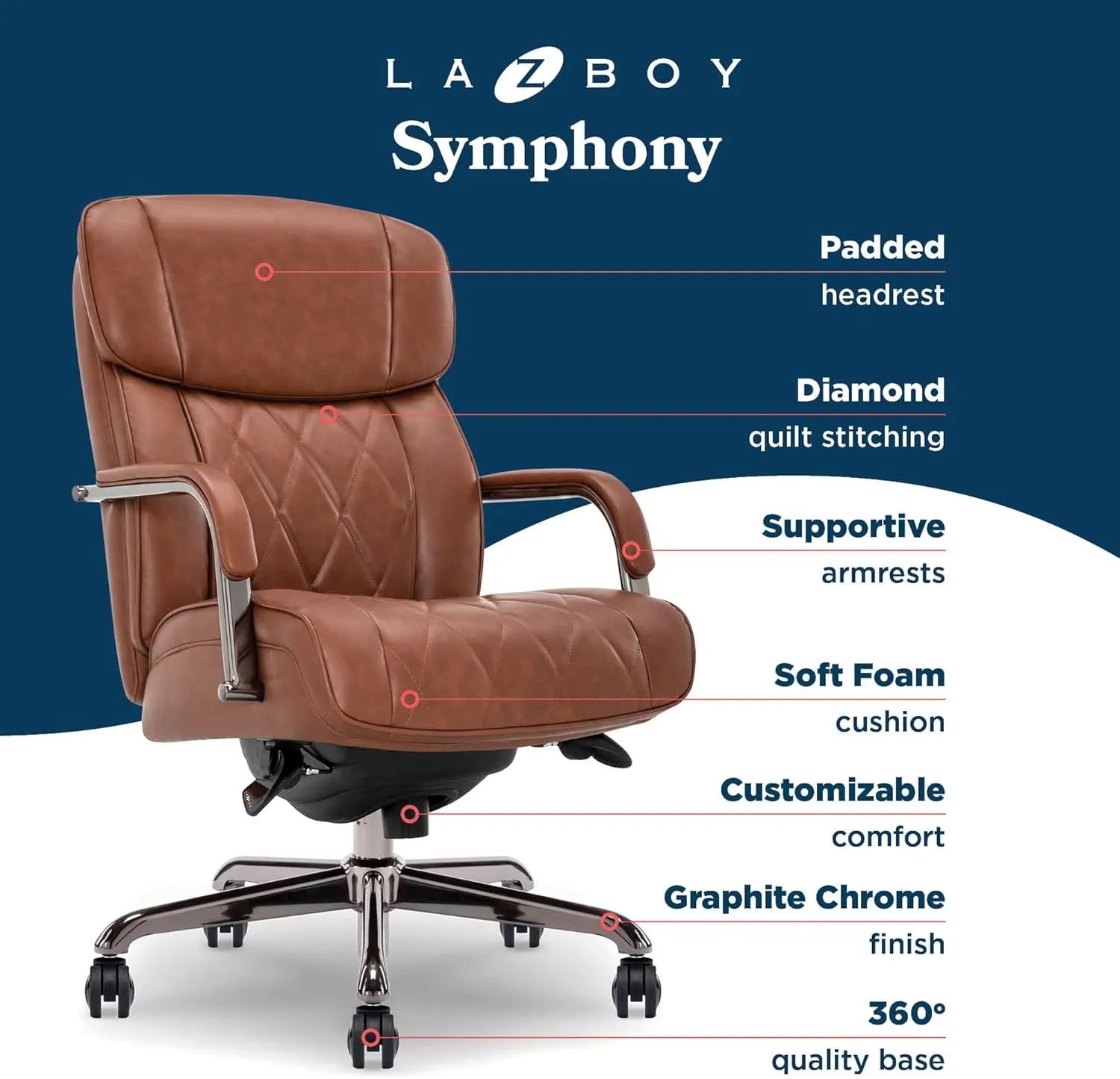 La-Z-Boy® Symphony Executive Mid-Back Office Chair, Diamond Quilt Design, Pocket Coil Cushion, Padded Armrests, Ergonomic Computer DeskChair, Swivel Metal Base, Bonded Leather, Cognac and Graphite