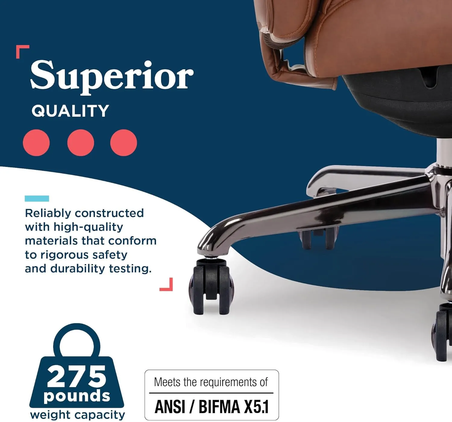 La-Z-Boy® Symphony Executive Mid-Back Office Chair, Diamond Quilt Design, Pocket Coil Cushion, Padded Armrests, Ergonomic Computer DeskChair, Swivel Metal Base, Bonded Leather, Cognac and Graphite