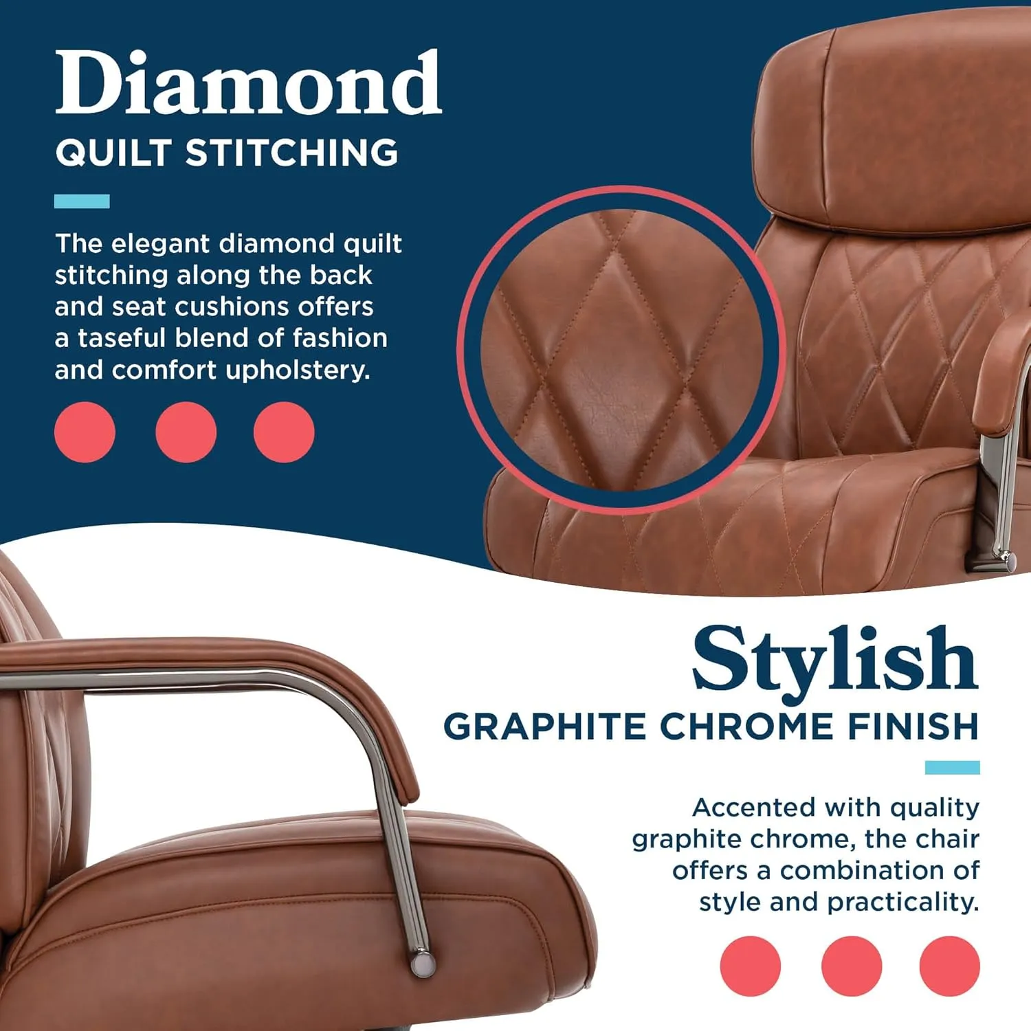 La-Z-Boy® Symphony Executive Mid-Back Office Chair, Diamond Quilt Design, Pocket Coil Cushion, Padded Armrests, Ergonomic Computer DeskChair, Swivel Metal Base, Bonded Leather, Cognac and Graphite