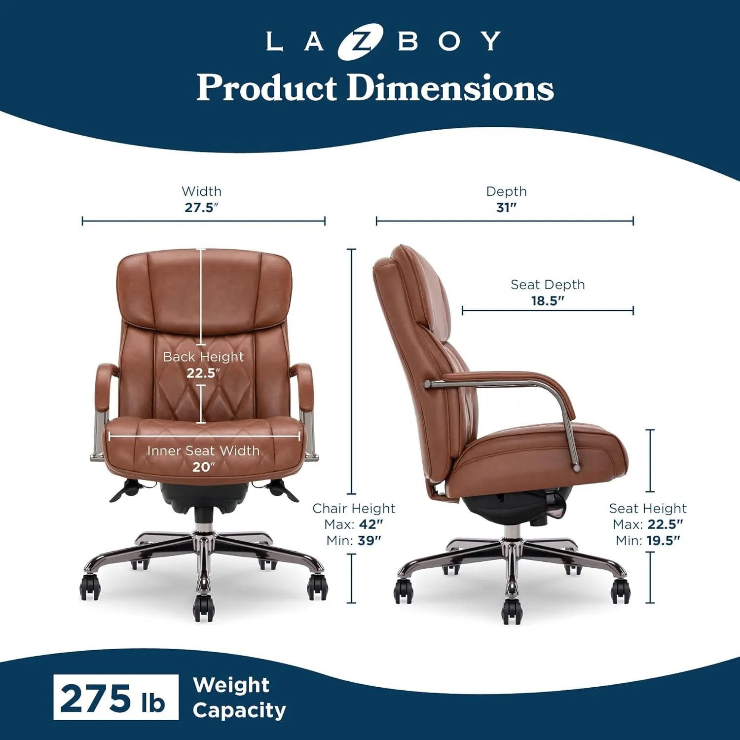 La-Z-Boy® Symphony Executive Mid-Back Office Chair, Diamond Quilt Design, Pocket Coil Cushion, Padded Armrests, Ergonomic Computer DeskChair, Swivel Metal Base, Bonded Leather, Cognac and Graphite