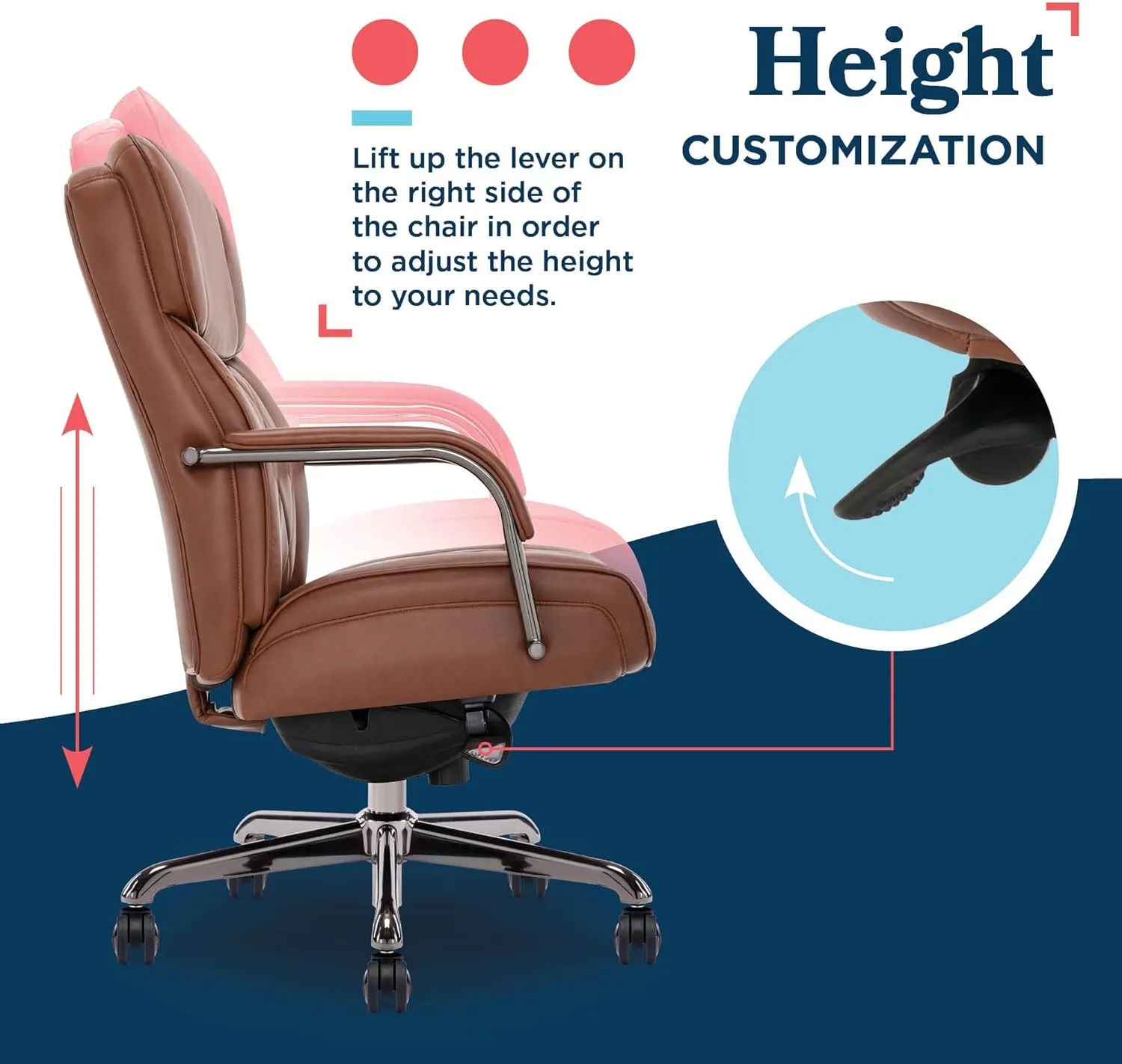 La-Z-Boy® Symphony Executive Mid-Back Office Chair, Diamond Quilt Design, Pocket Coil Cushion, Padded Armrests, Ergonomic Computer DeskChair, Swivel Metal Base, Bonded Leather, Cognac and Graphite