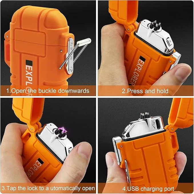 Lafagiet Waterproof Arc Lighter, Outdoor Dual Plasma Arc Lighter, USB Rechargeable Flameless Electric Lighters for Camping, Hiking, Survival Tactical (F13-Orange)