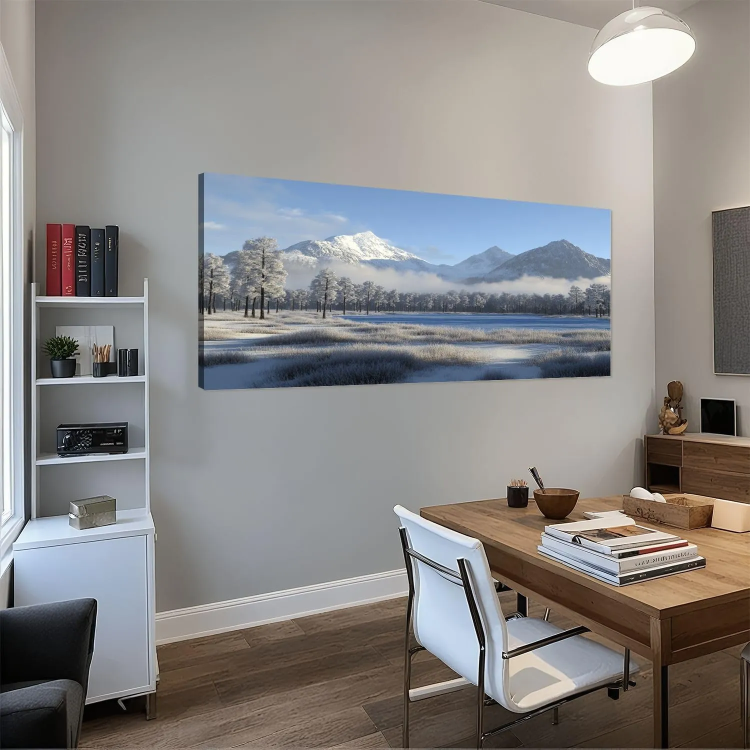 Large Canvas Wall Art Snow Mountain Misty Forest Landscape Winter Tree Blue Lake Scenery Canvas Paintings Wall Painting Rustic Home Decor Wall Decor for Living Room Office Ready to Hang 30x60inch
