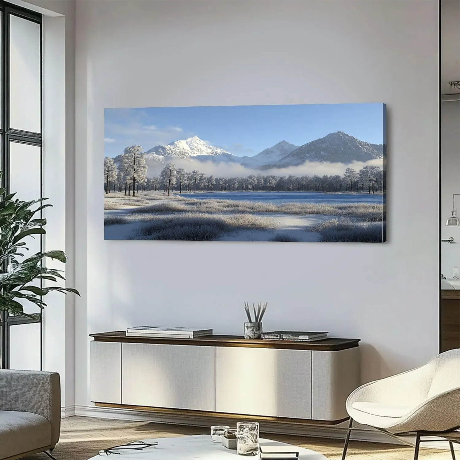 Large Canvas Wall Art Snow Mountain Misty Forest Landscape Winter Tree Blue Lake Scenery Canvas Paintings Wall Painting Rustic Home Decor Wall Decor for Living Room Office Ready to Hang 30x60inch
