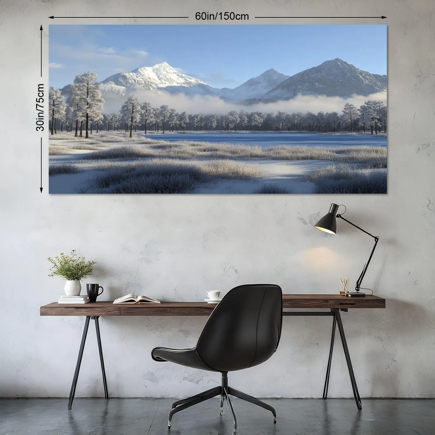 Large Canvas Wall Art Snow Mountain Misty Forest Landscape Winter Tree Blue Lake Scenery Canvas Paintings Wall Painting Rustic Home Decor Wall Decor for Living Room Office Ready to Hang 30x60inch