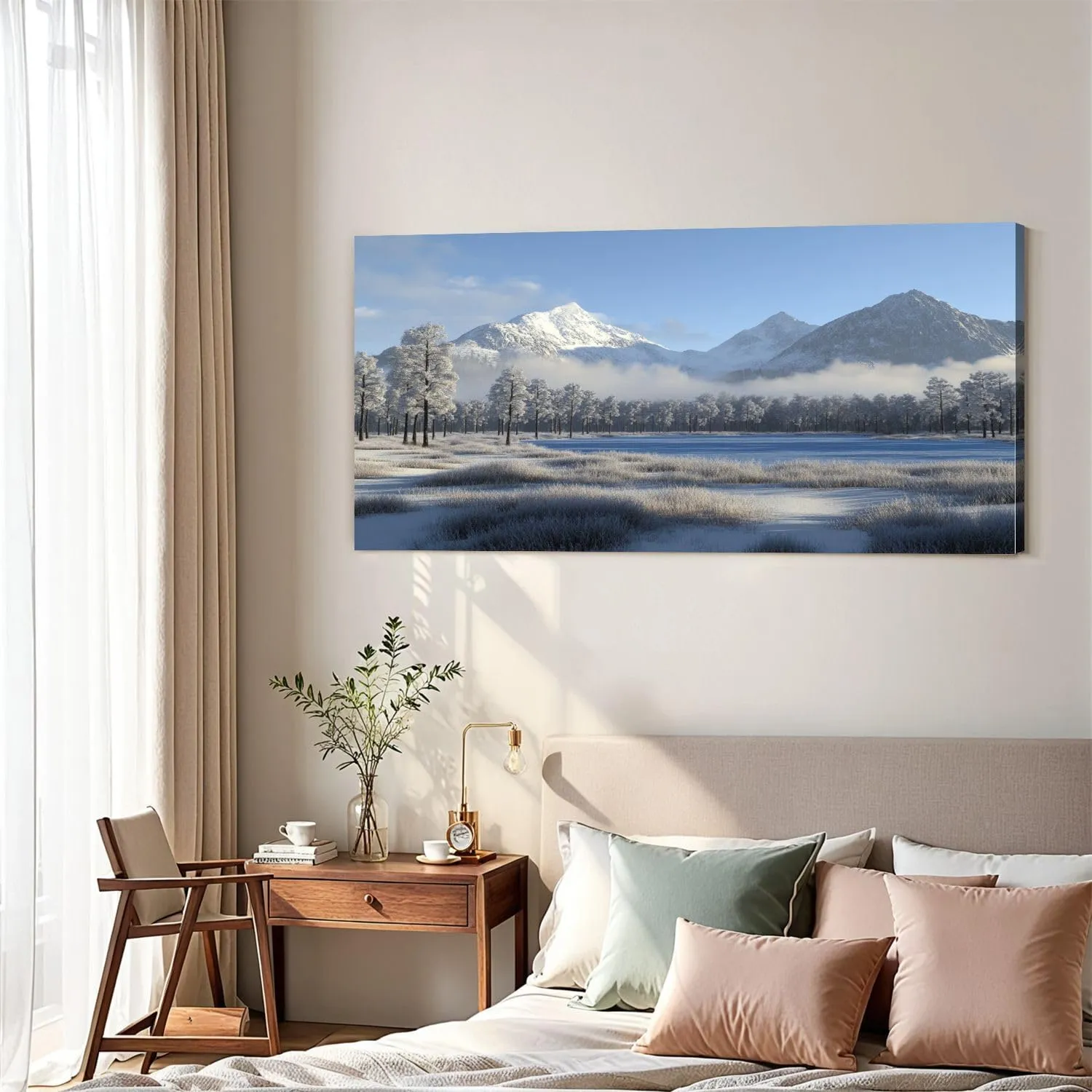 Large Canvas Wall Art Snow Mountain Misty Forest Landscape Winter Tree Blue Lake Scenery Canvas Paintings Wall Painting Rustic Home Decor Wall Decor for Living Room Office Ready to Hang 30x60inch