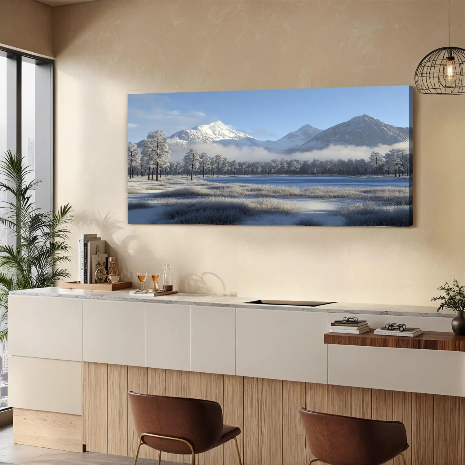 Large Canvas Wall Art Snow Mountain Misty Forest Landscape Winter Tree Blue Lake Scenery Canvas Paintings Wall Painting Rustic Home Decor Wall Decor for Living Room Office Ready to Hang 30x60inch