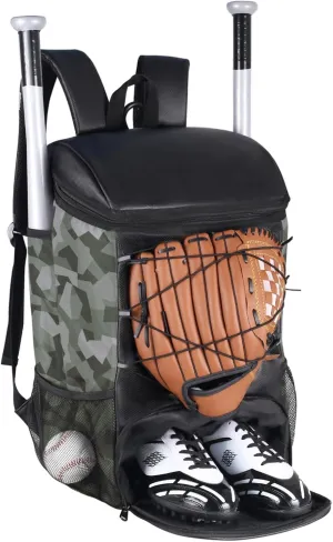 Large-capacity Baseball Bag, Softball Equipment Backpack for Adult, Youth, Baseballl Equipment Gear with Fence Hook Shoe Compartment, Black Camo Design