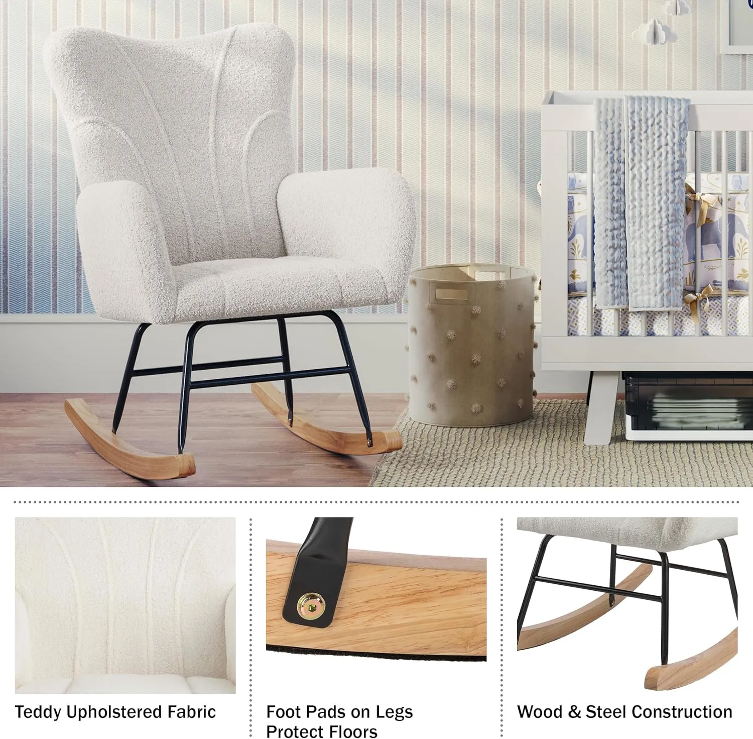 Lavish Home Rocking Chair - Teddy Fabric Upholstered Chair with Padded Seat and Contoured Armrests - Ergonomic Modern Rocker for Bedroom (Cream)