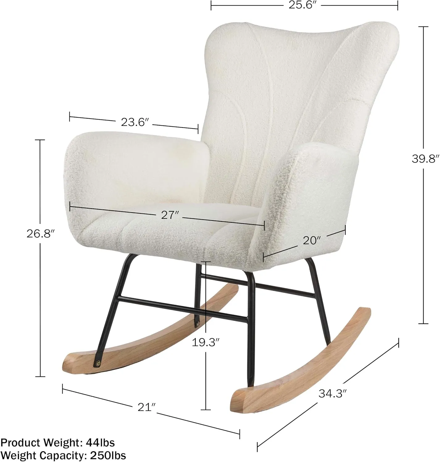 Lavish Home Rocking Chair - Teddy Fabric Upholstered Chair with Padded Seat and Contoured Armrests - Ergonomic Modern Rocker for Bedroom (Cream)